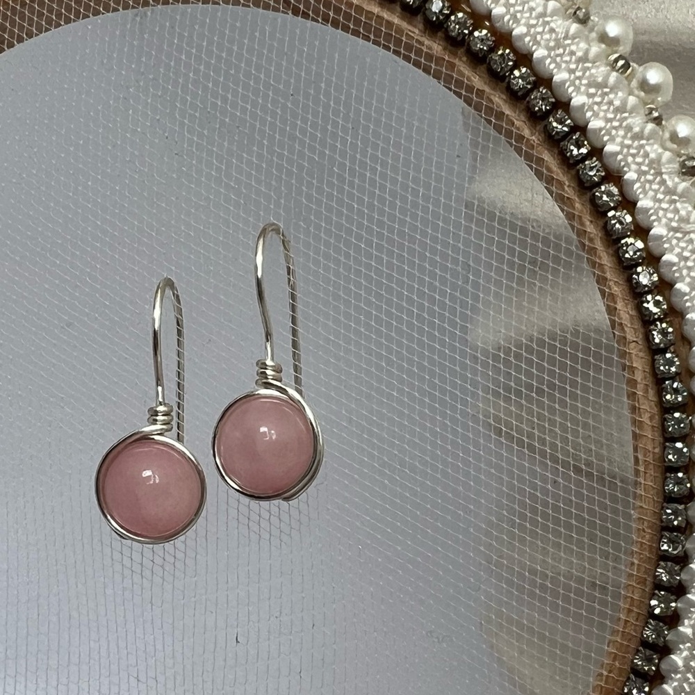 Rose Quartz Wire Wrapped Minimalist Earrings in Pink & Silver - Picture 5 of 13